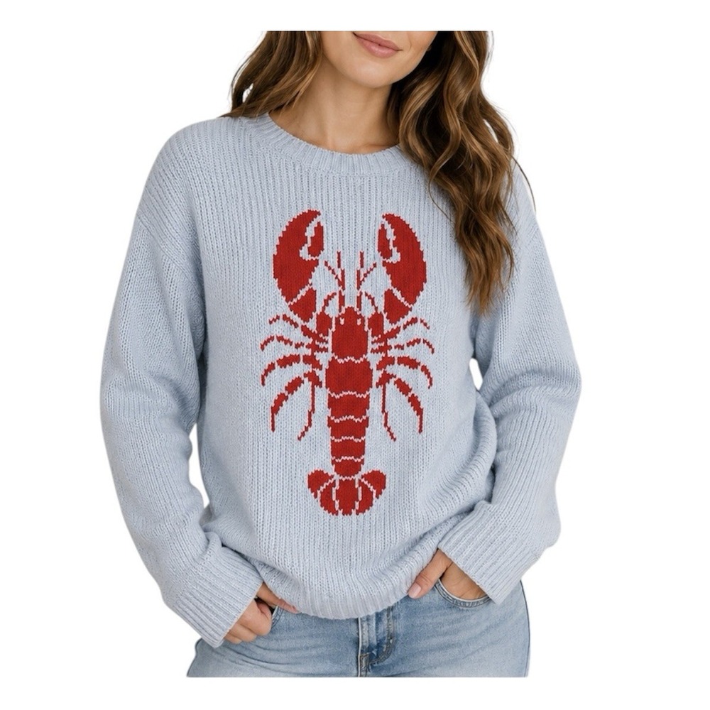 Coastal Lobster Crewneck Sweater Women's Size L Light Blue Red Preppy Cozy New
